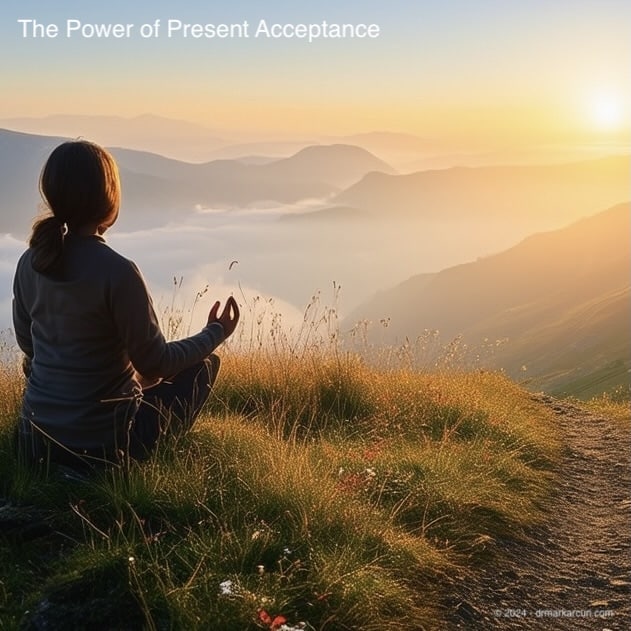 Serene landscape with person meditating on hilltop, winding path leading to distant mountains at sunset, symbolizing journey from present acceptance to future goals - making peace with your present.