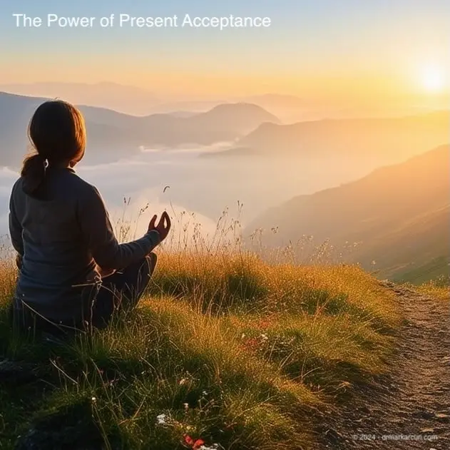 Serene landscape with person meditating on hilltop, winding path leading to distant mountains at sunset, symbolizing journey from present acceptance to future goals - making peace with your present.