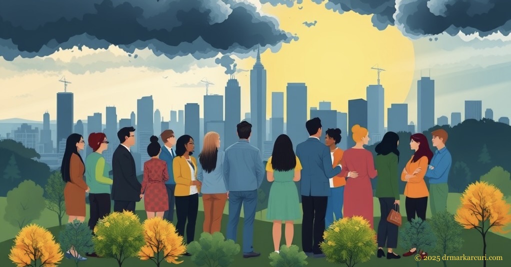 A diverse group of people standing together, overlooking a cityscape under a mix of dark storm clouds and a bright sun, symbolizing resilience and unity during political transitions