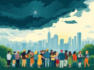 A diverse group of people standing together, overlooking a cityscape under a mix of dark storm clouds and a bright sun, symbolizing resilience and unity during political transitions