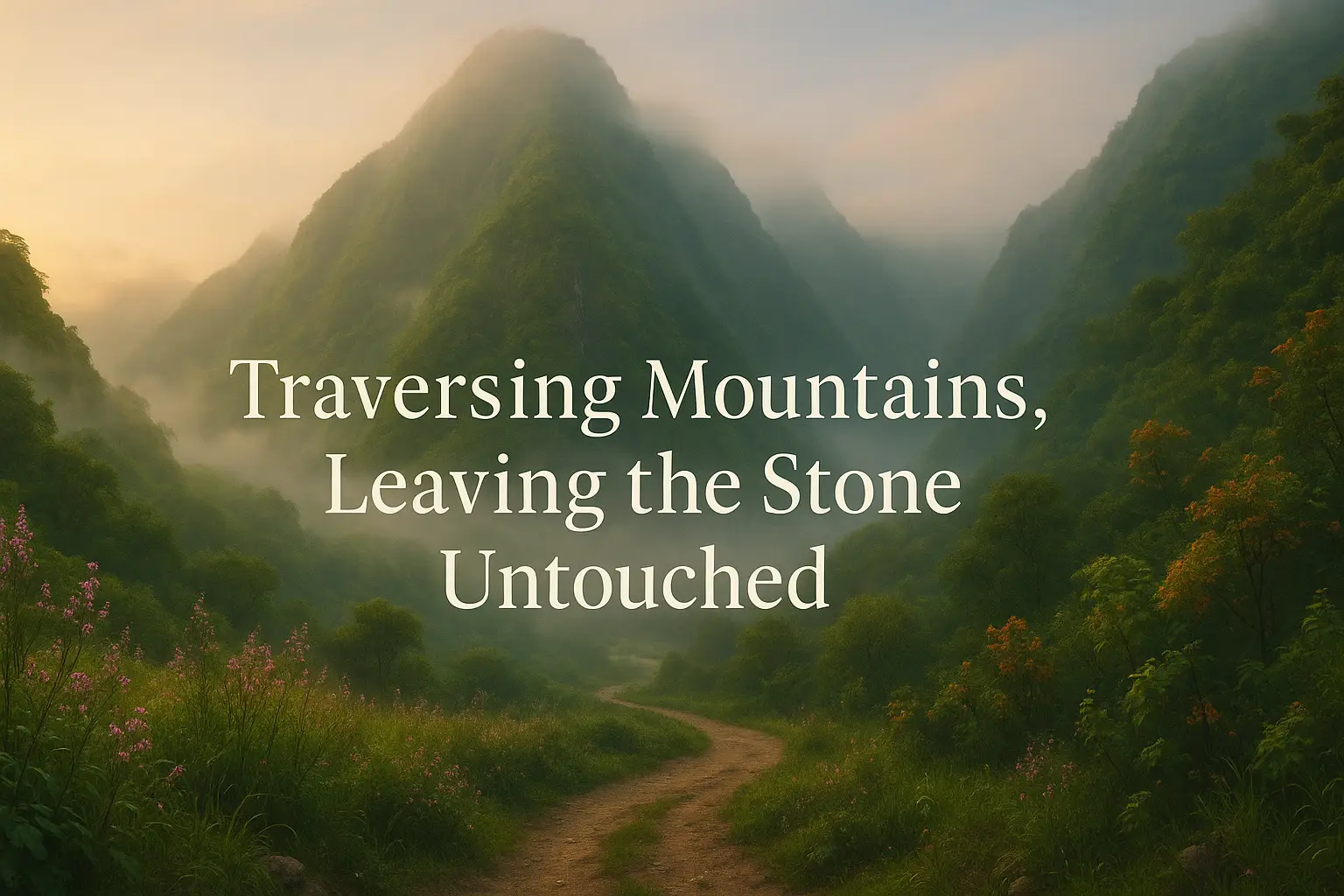 A photo-realistic landscape shows a misty mountain valley at sunrise, with a winding dirt path leading into lush greenery and distant peaks. Centered text reads, “Traversing Mountains, Leaving the Stone Untouched,” echoing the sense of journey and serenity in the scene.