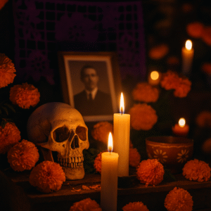 A peaceful Día de Muertos altar illuminated by candles and surrounded by marigolds, symbolizing remembrance, transformation, and authenticity from Paradise (re)Discovered.