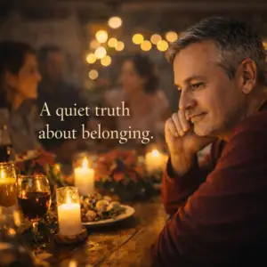 Reflective man at a warm holiday dinner table in México, symbolizing gratitude, longing, and belonging during the end-of-year holidays.