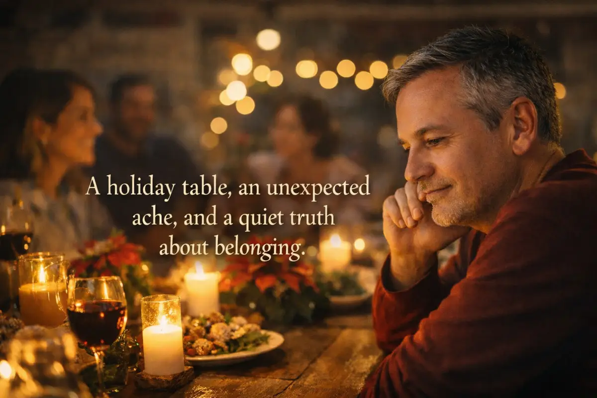 Dr Mark's Musings 7 Reflective man at a warm holiday dinner table in México, symbolizing gratitude, longing, and Holiday Reflection on Belonging.