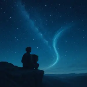A person sits cross-legged on the edge of a rocky cliff at night, silhouetted against a deep blue star-filled sky. They hold an accordion in their lap, and a gentle, luminous swirl of celestial light rises through the sky above them. The landscape below is dark and expansive, creating a peaceful, contemplative atmosphere.