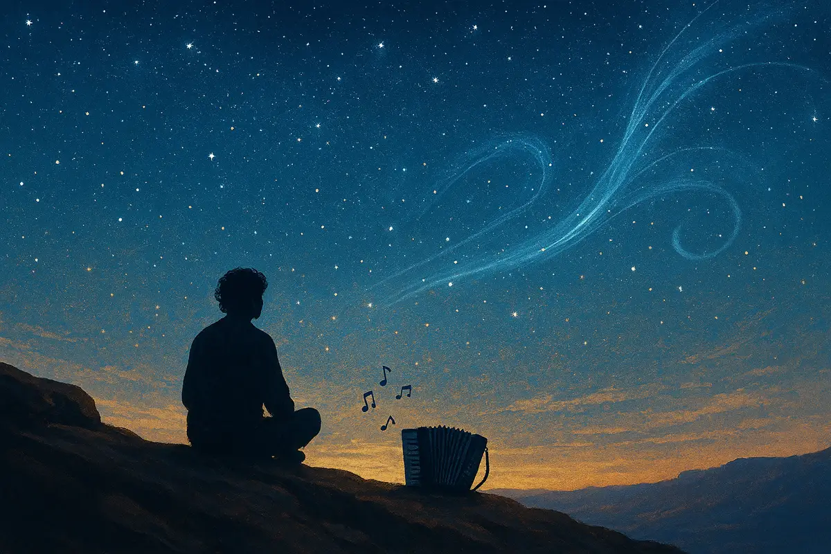 Dr Mark's Musings 8 A person sits cross-legged on the edge of a rocky cliff at night, silhouetted against a deep blue star-filled sky. They hold an accordion in their lap, and a gentle, luminous swirl of celestial light rises through the sky above them. The landscape below is dark and expansive, creating a peaceful, contemplative atmosphere. Revisiting Star Wars.