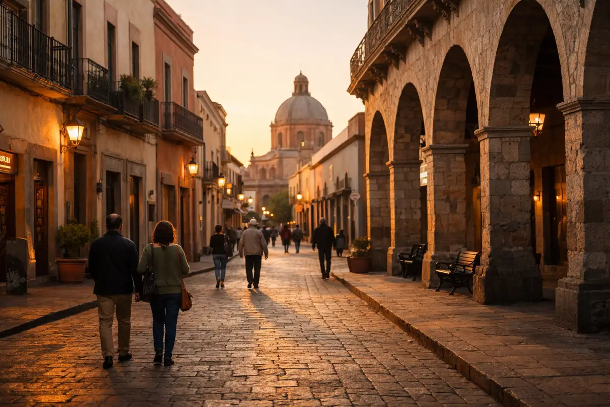Dr Mark's Musings 6 Cobblestone street in Querétaro, México at sunset with people walking between historic stone arches and colonial buildings. Staying human in unsettled times.