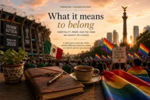 Featured image for the essay “What It Means to Belong.” At sunset in Mexico City, Estadio Azteca and a Pride celebration appear side by side, connected by crowds carrying Mexican and rainbow flags. In the foreground, a leather journal, fountain pen, espresso cup, and folded Pride flag rest on a wooden table, symbolizing reflection, identity, hospitality, and belonging. The image explores the shared themes of the 2026 World Cup, Pride Month, authenticity, and finding a home where one is welcomed fully as oneself.