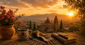 Día de las Madres still life: bougainvillea in a terracotta pot, a Mexican ceramic coffee mug, a woven serape, and a leather journal on a stone ledge at sunset, with a colonial church featuring twin bell towers and a dome rising over rooftops, mountains in the distance, and olive branches framing the upper right.