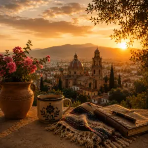 A peaceful golden-hour terrace scene overlooking Querétaro, México, with the city cathedral and mountains in the distance. In the foreground are pink flowers in a terracotta pot, a ceramic mug, a folded woven blanket, and a leather-bound journal with a fountain pen. The scene is lit by warm sunset light and framed by olive branches.