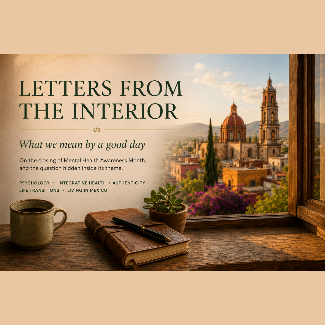 A contemplative window scene from Quer&eacute;taro, M&eacute;xico, with a leather journal, coffee mug, and view of a historic church beyond the windowsill.