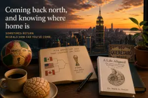 Where home is: a New York City sunset skyline with a 2026 World Cup bracket, a México-USA-Canada ball, coffee, concha, and A Life Aligned by a Querétaro tile.