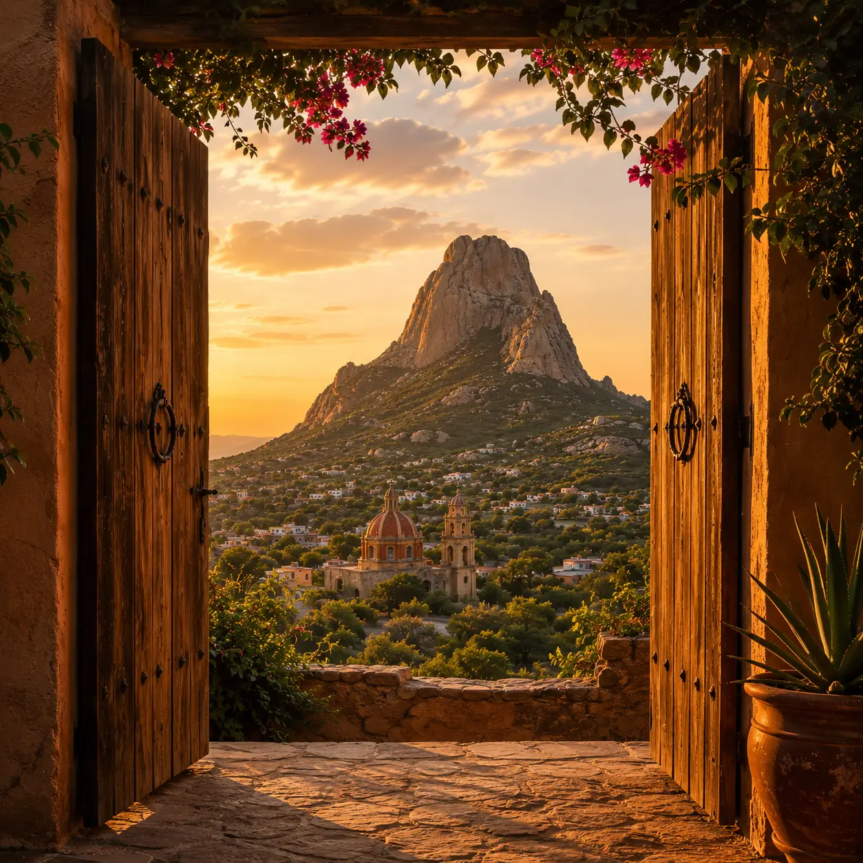 Summer solstice view through open wooden doors framed by bougainvillea toward the Peña de Bernal monolith and the town’s domed church at golden sunset.