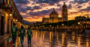 Family in Mexico jerseys walking across a rain-soaked plaza in Querétaro at sunset, with the illuminated cathedral, dramatic clouds, and reflections stretching across the wet stone streets.