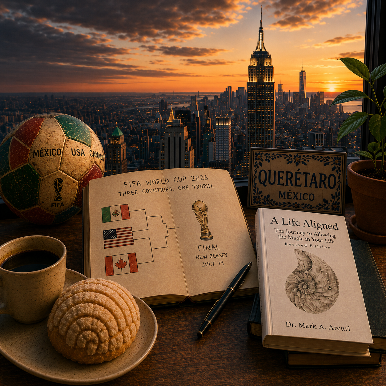 A sunset desk above the New York City skyline with a México-USA-Canada World Cup ball, coffee, a concha, a 2026 bracket notebook, and A Life Aligned beside a Querétaro, México tile.