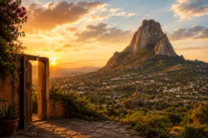 The Peña de Bernal monolith rising over the Querétaro valley in warm evening light.