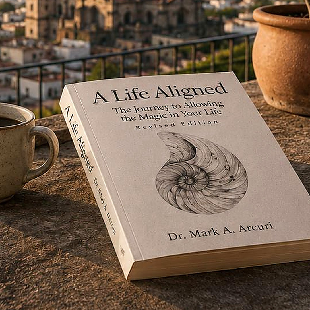 The inner work of transition: the book A Life Aligned resting on a stone ledge above the Querétaro skyline at golden hour, beside a cup of coffee.